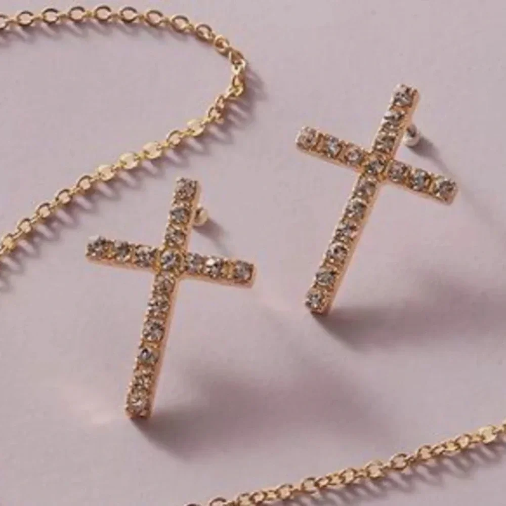 Gold Tone Rhinestone Cross Stud Earrings Religious Jewelry Sparkly Post Backs